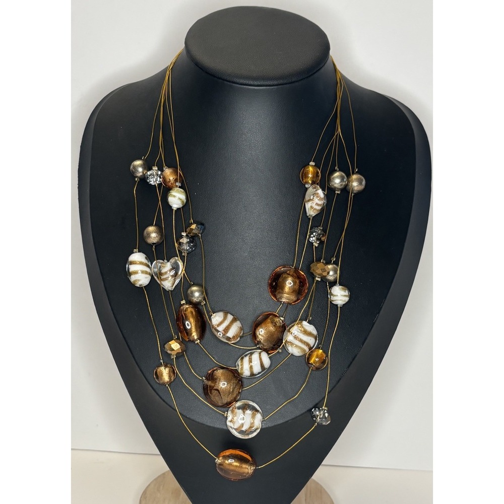Y2K 6 Strand Lampwork Glass Bead Necklace Gold White Foil Hearts 20.5"